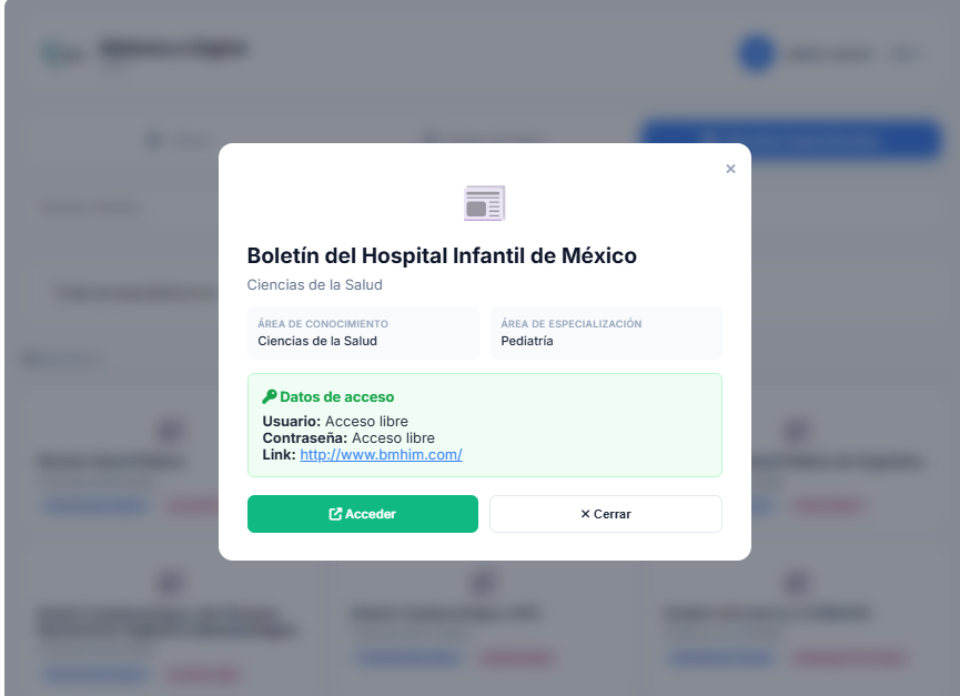 Modal de una base de datos con datos de acceso