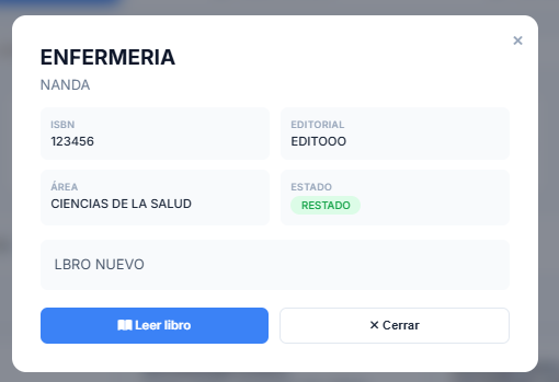 Modal de un libro con detalles